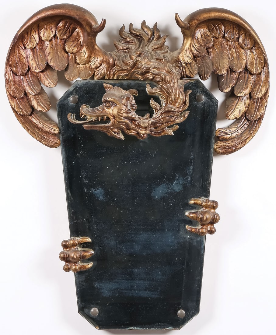GABRIEL VIARDOT STYLE CARVED GILT WOOD MIRROR: GOOD GABRIEL VIARDOT STYLE CARVED GILT WOOD MIRROR, 19TH C. Comprising a finely carved and gilt wood griffin clutching in its claws a tapering rectangular mirror with squared corners in the style of