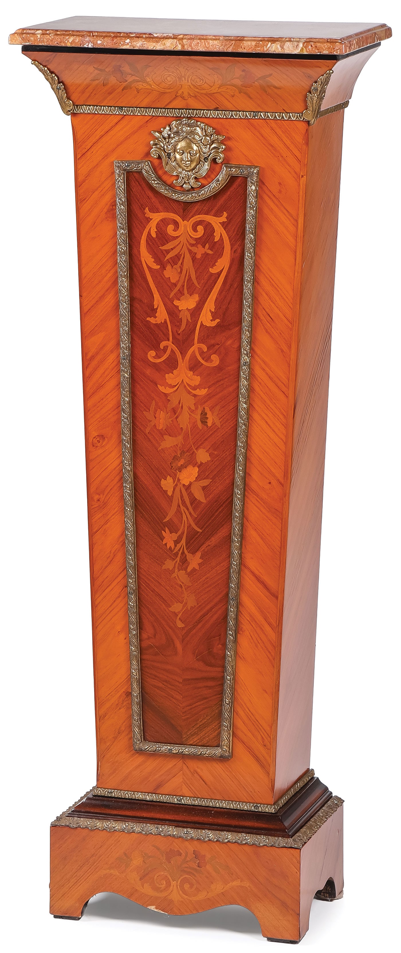 FRENCH STYLE TAPERED PEDESTAL STAND: FRENCH STYLE TAPERED PEDESTAL STAND. On bracket feet of tapering form with ormolu mounts, beveled rim, and rouge marble surface. Height 45.25 inches (114.9cm), width 17.25 inches (43.8cm), depth 9.25