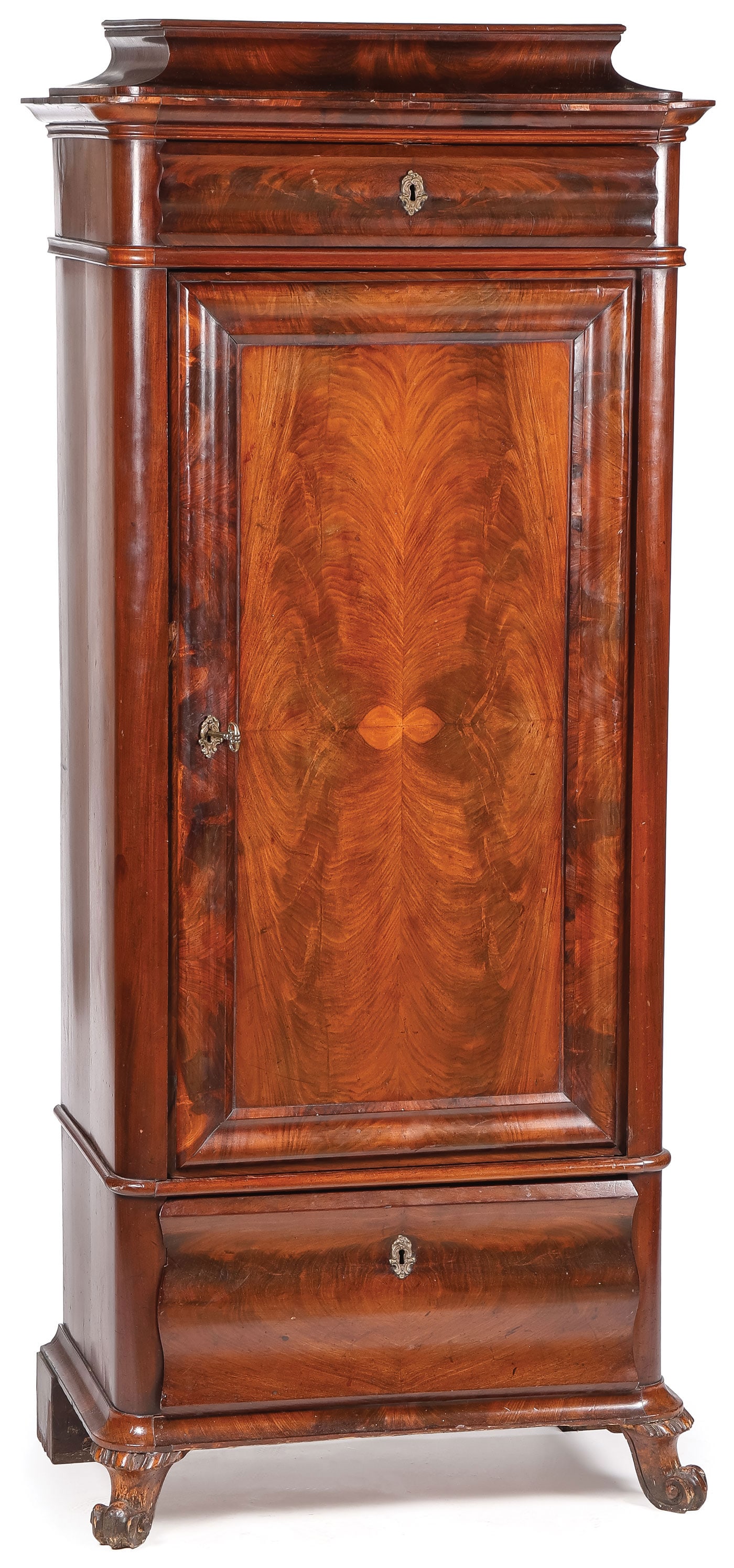 ATTRACTIVE & INTERESTING MAHOGANY CABINET: ATTRACTIVE & INTERESTING MAHOGANY CABINET. Of upright rectangular form with single drawer on base and single drawer at top beneath an overhanging beveled raised cornice. The large single door opening