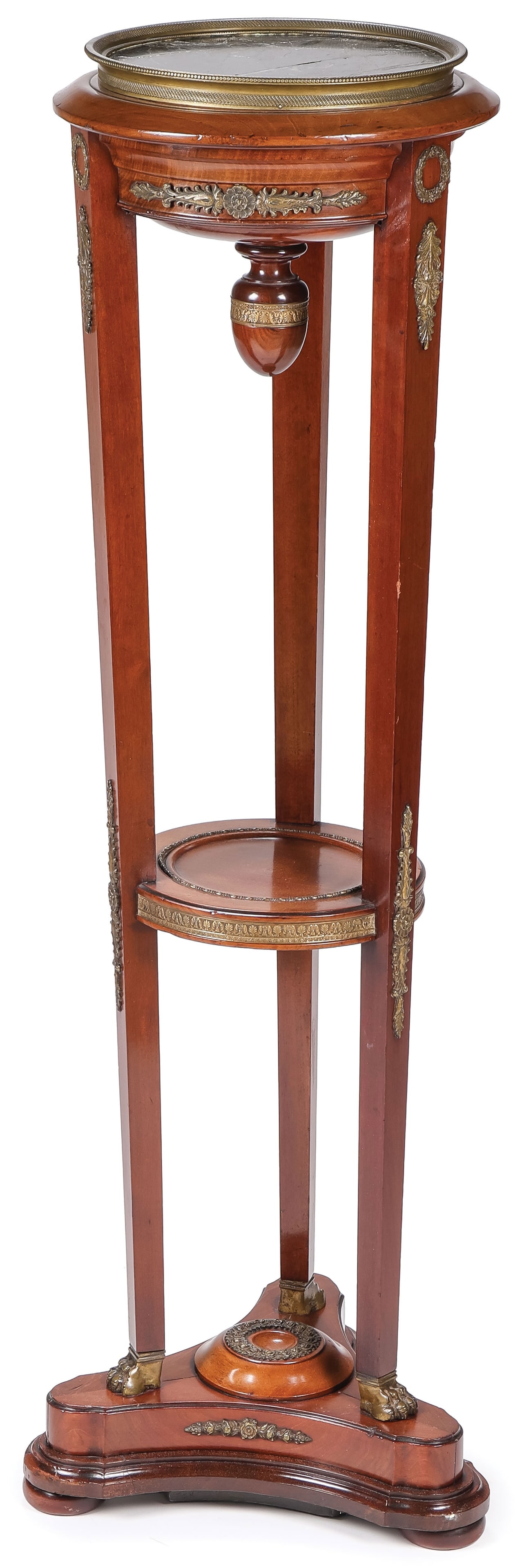 INTERESTING FRENCH EMPIRE PEDESTAL STAND: INTERESTING FRENCH EMPIRE PEDESTAL STAND. Of tapering three-legged form with ormolu mounts and lower shelf beneath a marble surface at top. Height 41 inches (104.1cm), width 13 inches (33.0cm).
