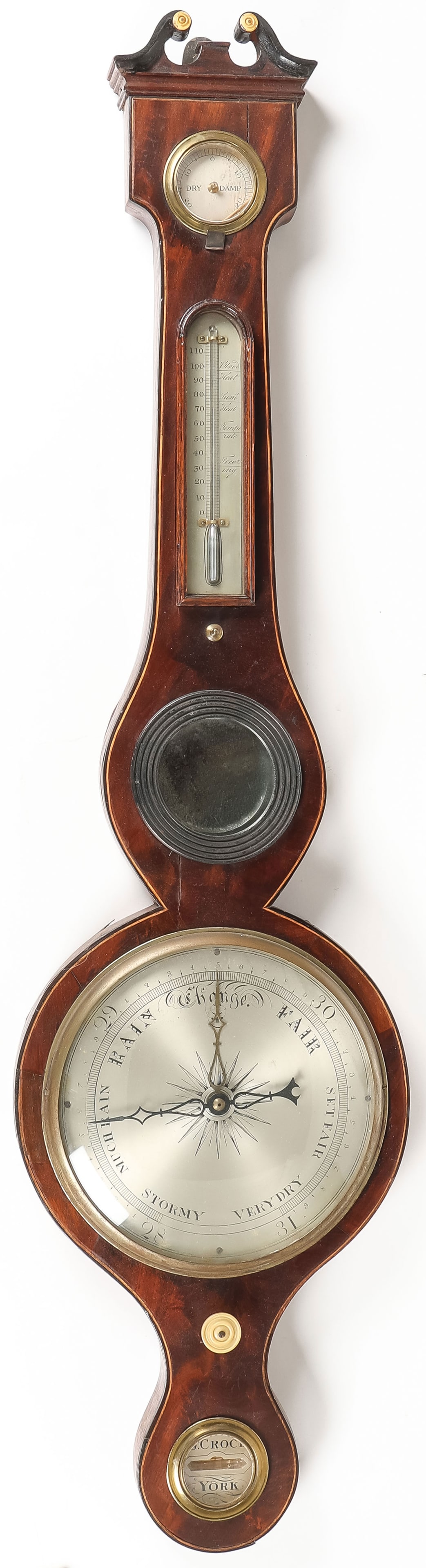 A REGENCY STRUNG MAHOGANY WHEEL BAROMETER: A REGENCY STRUNG MAHOGANY WHEEL BAROMETER. With silvered hydrometer, thermometer, mirror, 8-inch dial, and level, signed G. Croce, Yorks. Height 38 inches. SHIPPING NOTICE: If you are not using the Li