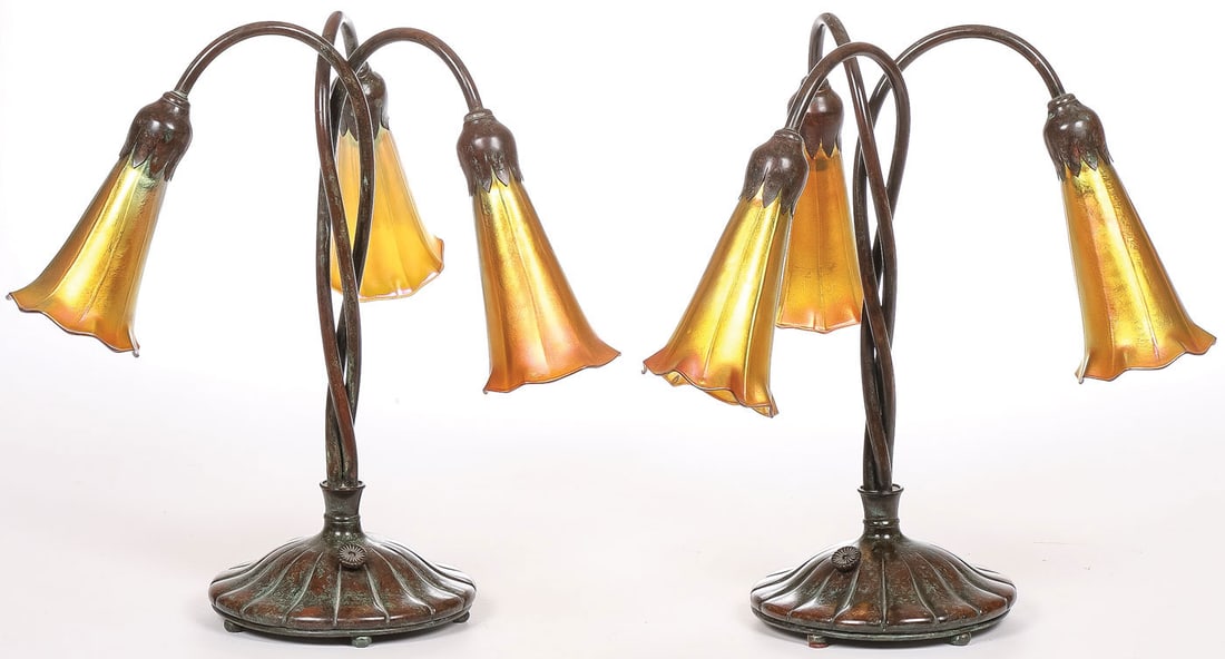 PAIR OF TIFFANY STYLE LILY LAMPS (1 of 2)