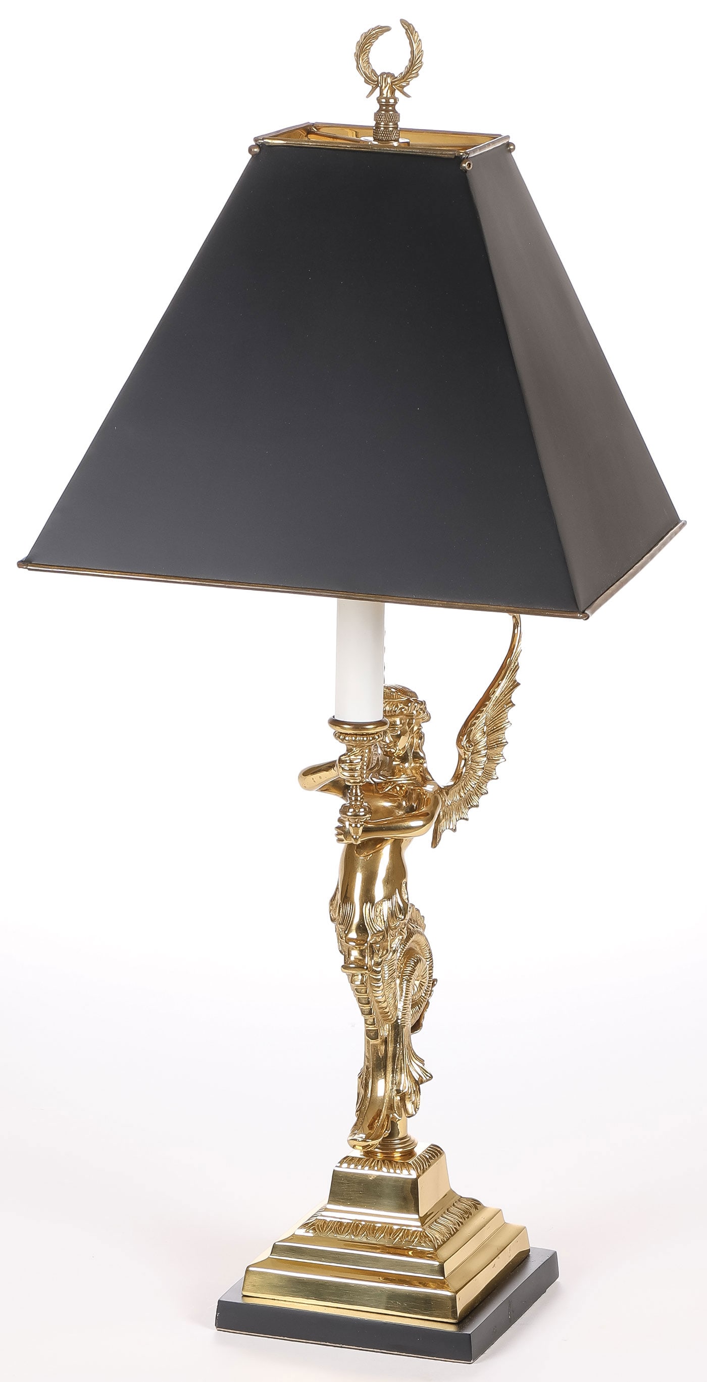 POLISHED BRASS MERMAID DESK LAMP: POLISHED BRASS MERMAID DESK LAMP. Finely cast winged mermaid holding a candle socket with a faux white metal candle supporting a single light socket and a black painted metal shade. Height 27.5 inches