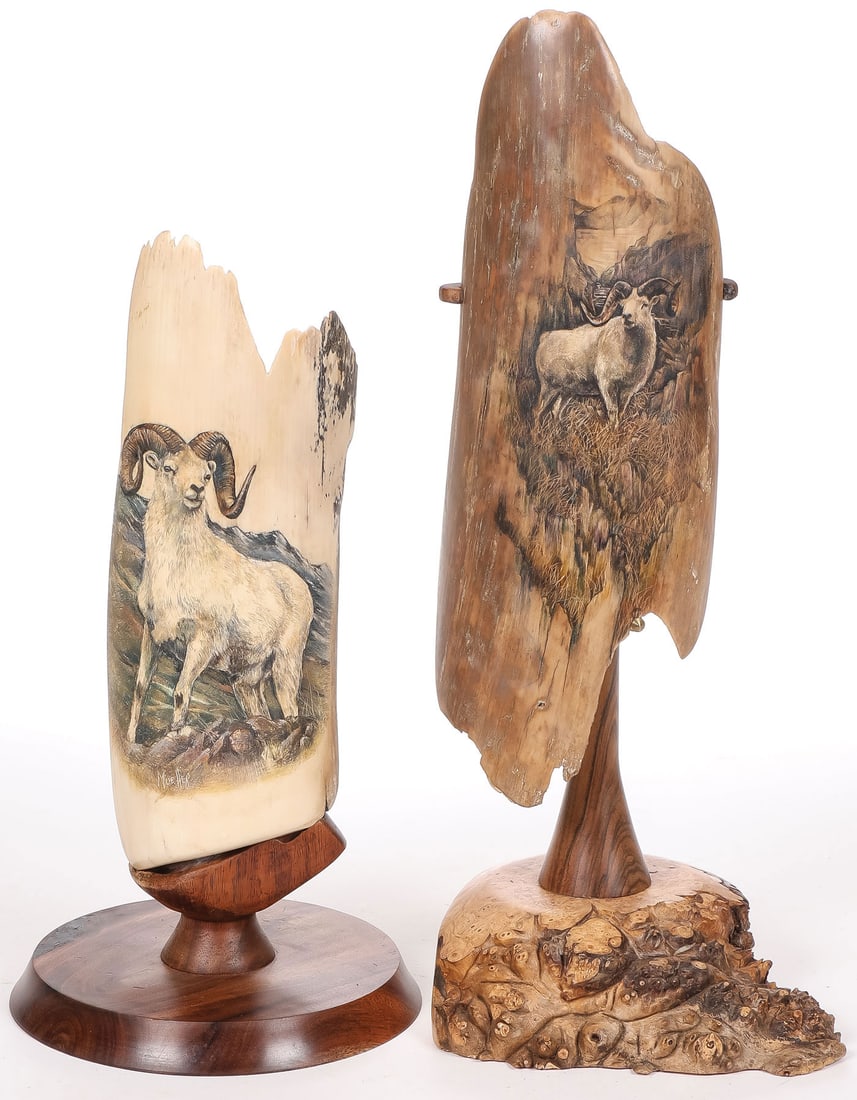 ARTIST SIGNED SCRIMSHAWED MAMMOTH TUSKS (1 of 2)