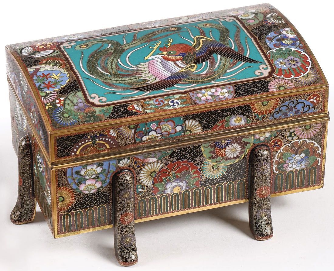 FINE JAPANESE CLOISONNE FOOTED CASKET, MEIJI: FINE JAPANESE CLOISONNE FOOTED CASKET, MEIJI. Comprising a very fine Japanese Meiji period cloisonne enamel footed casket, of rectangular form with domed lid, resting on six raised legs. The sides ban