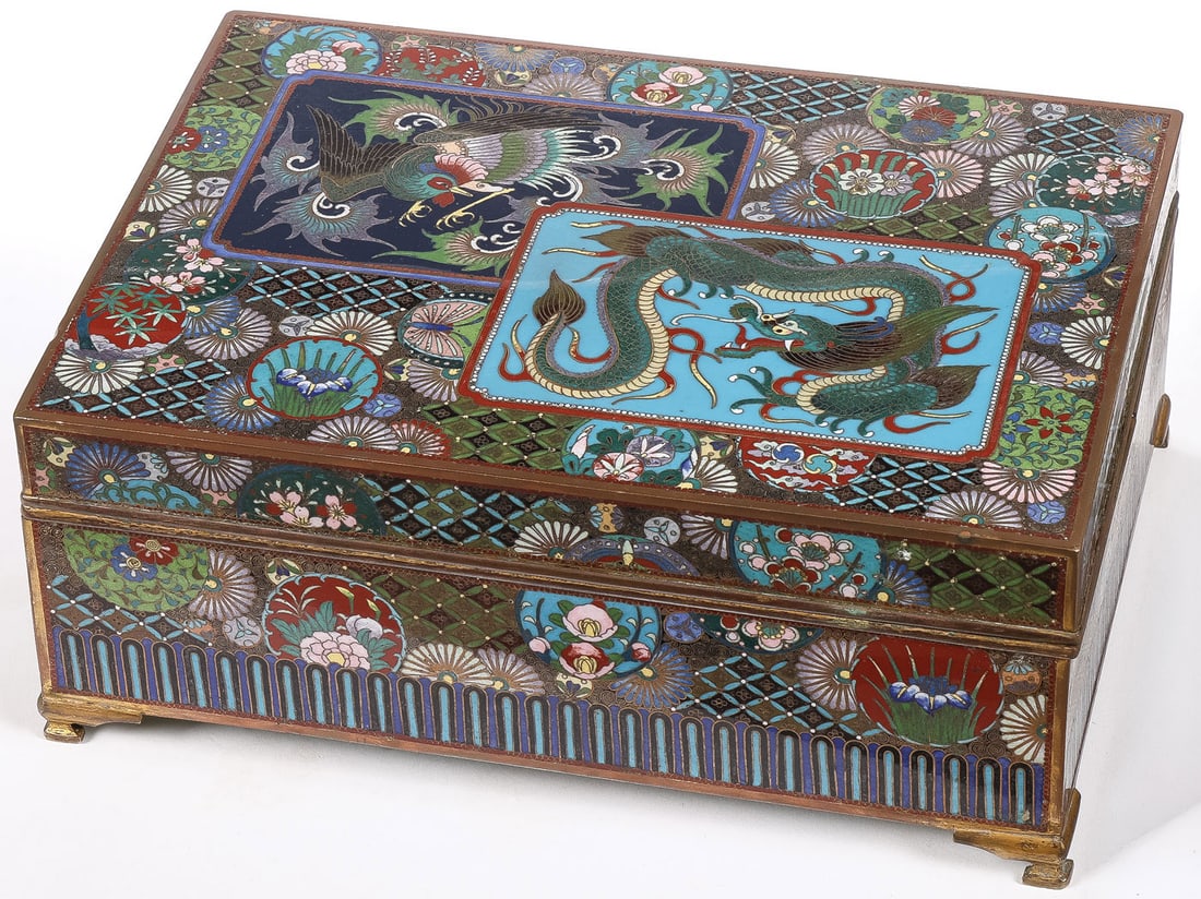 LARGE JAPANESE MEIJI CLOISONNE BOX: LARGE JAPANESE MEIJI CLOISONNE BOX. Comprising a large and impressive cloisonne enamel box resting on four bracket feet, the sides banded in flowers, butterflies, and repeating patterns, the underside