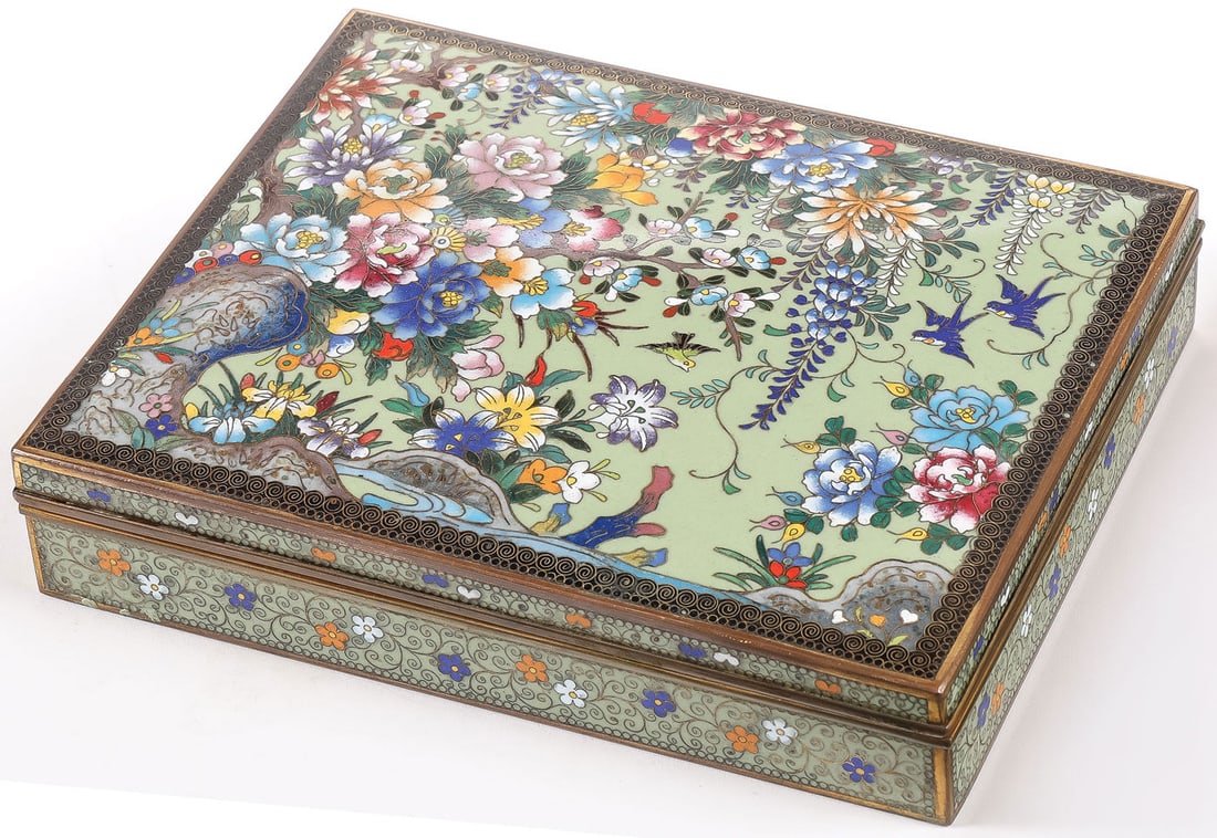 JAPANESE CLOISONNE CIGARETTE BOX, INABA, MEIJI: JAPANESE CLOISONNE CIGARETTE BOX, INABA, MEIJI. Comprising a very fine Japanese cloisonne enamel cigarette box, Inaba, Meiji period. Of rectangular form, the sides banded in multicolored flower heads 