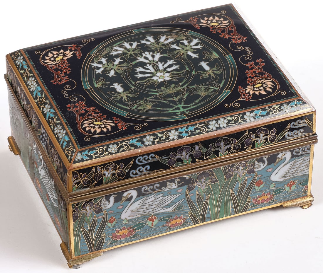 VERY FINE JAPANESE CLOISONNE BOX, INABA, MEIJI: VERY FINE JAPANESE CLOISONNE BOX, INABA, MEIJI. Comprising a very fine Japanese cloisonne enamel box resting on four bracket feet, Inaba, Meiji period. The sides finely decorated with swans swimming a
