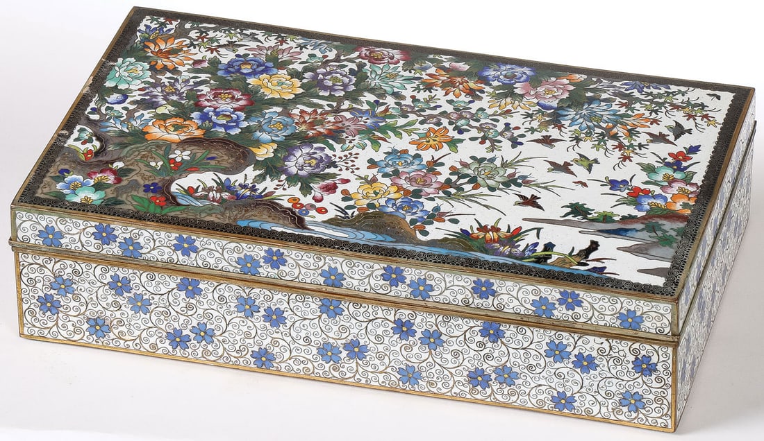 LARGE JAPANESE CLOISONNE BOX, INABA, MEIJI: LARGE JAPANESE CLOISONNE BOX, INABA, MEIJI. Comprising a very fine and large Japanese cloisonne enamel box, Inaba, Meiji period. Of rectangular form, the sides banded in blue flower heads on a white g