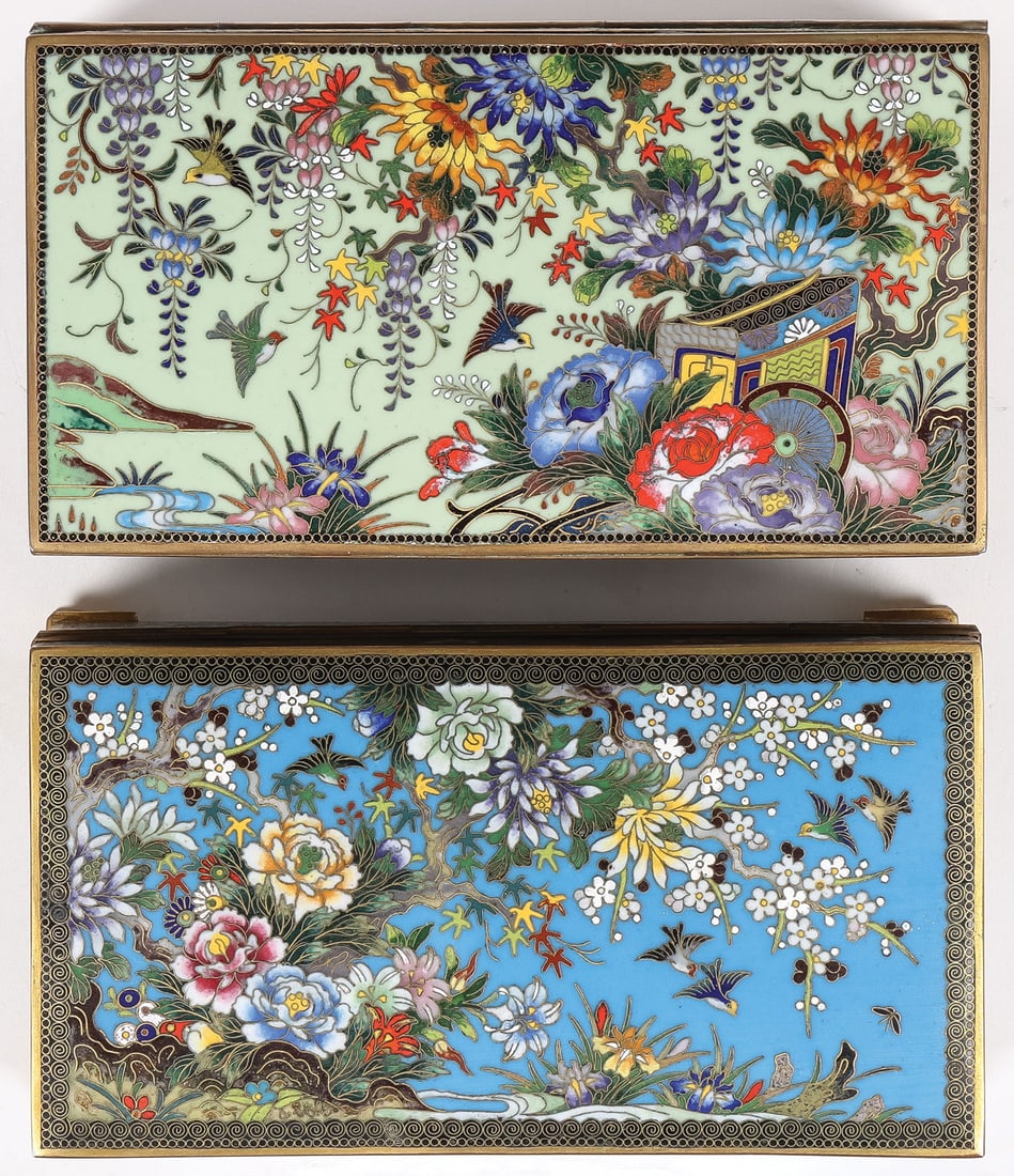 PR JAPANESE CLOISONNE BOXES, INABA, MEIJI: PR JAPANESE CLOISONNE BOXES, INABA, MEIJI. Comprising a pair of finely enameled larger boxes, Meiji. Both resting on gilt bracket feet, the hinged lid of both with songbirds amidst blossoming trees an
