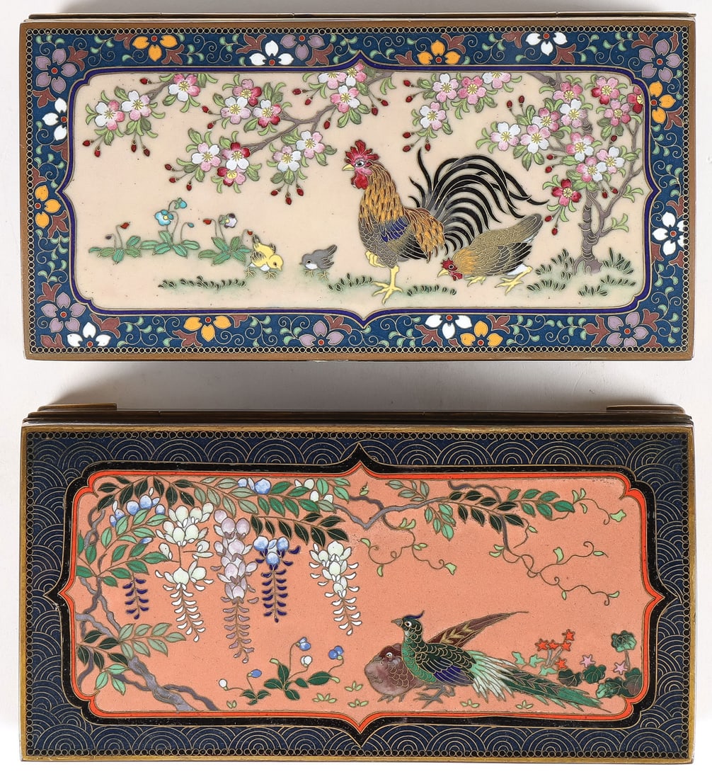 PR OF FINE JAPANESE SIGNED CLOISONNE BOXES, MEIJI: PR OF FINE JAPANESE SIGNED CLOISONNE BOXES, MEIJI. Comprising two larger finely crafted Japanese cloisonne boxes with mark of Inaba workshop. Both of rectangular form on gilt bracket feet with slightl
