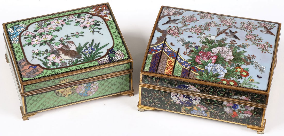 PR JAPANESE CLOISONNE BOXES, INABA, MEIJI: PR JAPANESE CLOISONNE BOXES, INABA, MEIJI. Comprising a pair of finely enameled boxes, Meiji. Both resting on gilt bracket feet, the hinged lid of both with songbirds amidst blossoming trees and flowe