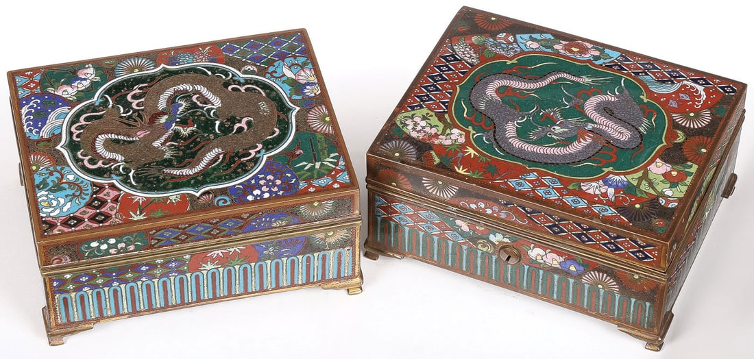 PAIR OF JAPANESE CLOISONNE ENAMEL BOXES, MEIJI: PAIR OF JAPANESE CLOISONNE ENAMEL BOXES, MEIJI. Comprising a pair of finely enameled cloisonne dragon-decorated boxes. Each raised on bracket feet, the entire body enameled; the hinged lids with drago