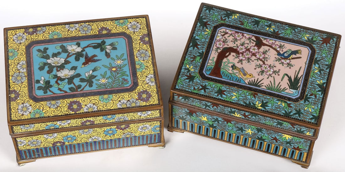 PR OF FINE JAPANESE CLOISONNE BOXES, MEIJI: PR OF FINE JAPANESE CLOISONNE BOXES, MEIJI. Comprising a pair of very fine larger Japanese enameled boxes, Meiji. Both on gilt bracket feet, the hinged lid of both with songbirds amidst blossoming tre