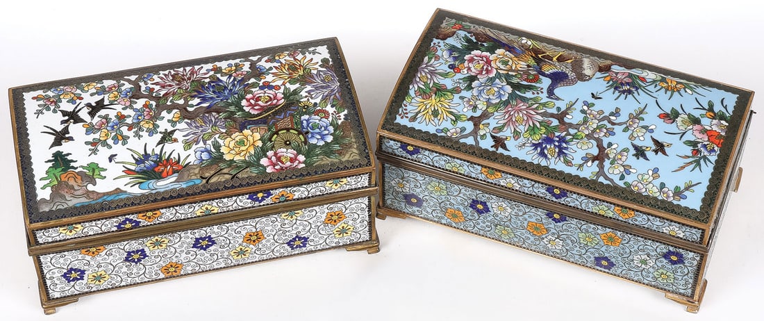 PR JAPANESE CLOISONNE BOXES, INABA, MEIJI: PR JAPANESE CLOISONNE BOXES, INABA, MEIJI. Comprising a pair of finely enameled larger boxes, Meiji. Both resting on gilt bracket feet, the hinged lid of both with songbirds and pheasants amidst bloss