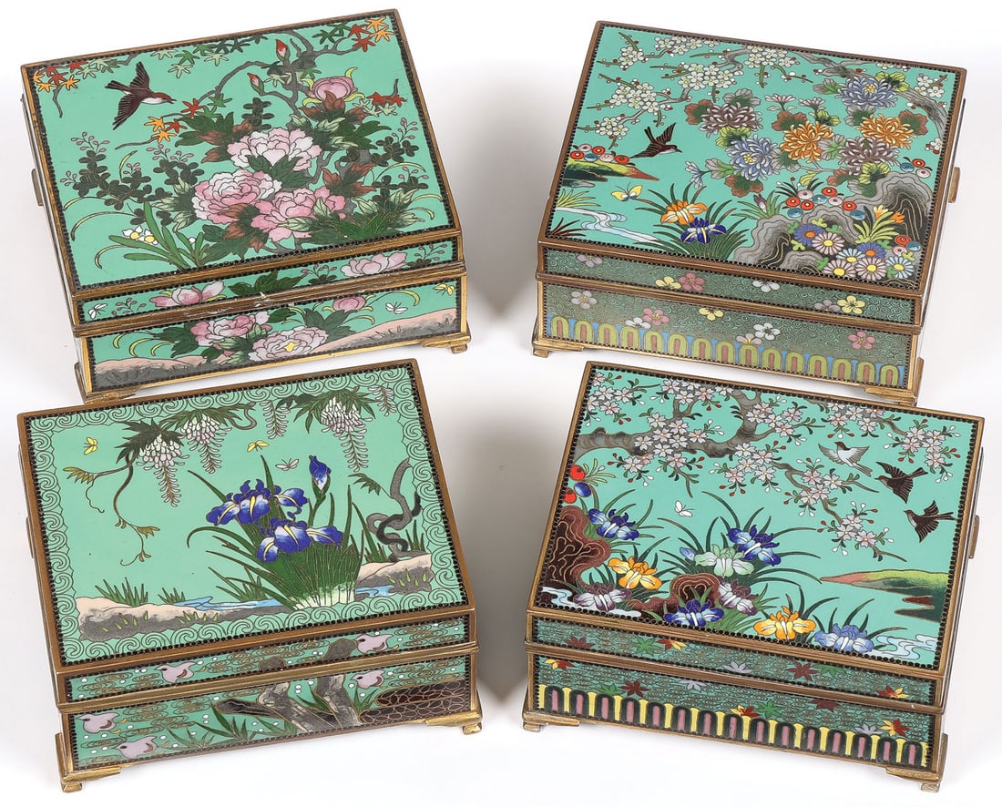 4 JAPANESE CLOISONNE BOXES, MEIJI: 4 JAPANESE CLOISONNE BOXES, MEIJI. Comprising four finely cloisonne enameled Japanese boxes, Meiji. Each resting on gilt bracket feet, each hinged lid decorated with blossoming trees, flowers includin