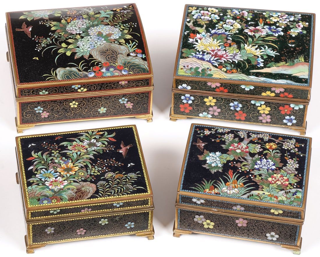 4 JAPANESE CLOISONNE ENAMEL BOXES, MEIJI: 4 JAPANESE CLOISONNE ENAMEL BOXES, MEIJI. Comprising 4 finely enameled Japanese boxes, Meiji, each resting on gilt bracket feet, the hinged lid of each decorated with florals and birds as shown, the i