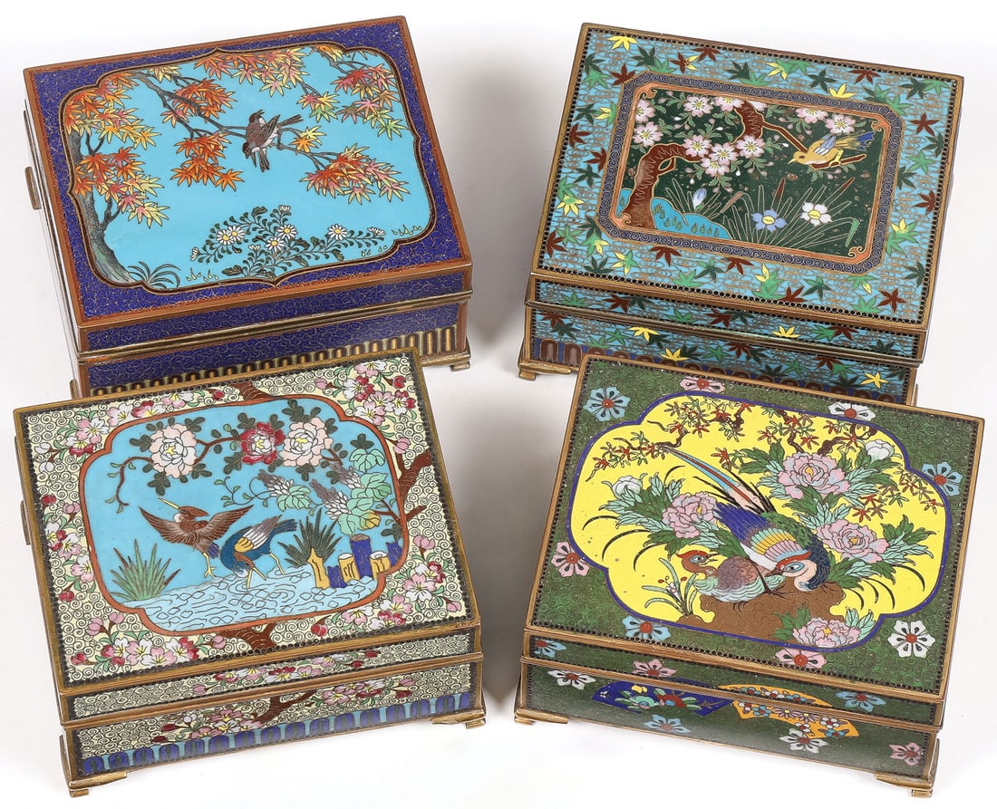 4 JAPANESE CLOISONNE BOXES, MEIJI: 4 JAPANESE CLOISONNE BOXES, MEIJI. Comprising four finely cloisonne enameled Japanese boxes, Meiji. Each resting on gilt bracket feet, the hinged lids decorated with blossoming trees, flowers and bird