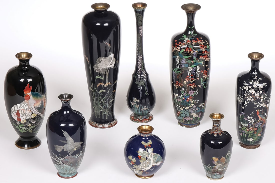 8 JAPANESE CLOISONNE VASES, MEIJI: 8 JAPANESE CLOISONNE VASES, MEIJI. Comprising eight individual vases, the tallest with finely enameled cranes amidst wheat on a dark blue ground, 9.8 inches (24.5cm); the second tallest being four-sid