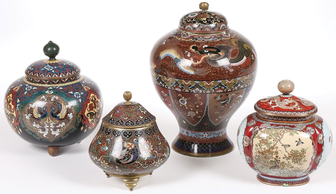 4 JAPANESE CLOISONNE LIDDED VESSELS, MEIJI: 4 JAPANESE CLOISONNE LIDDED VESSELS, MEIJI. Comprising four finely decorated lidded vessels, including a large and impressive baluster-form vessel, the shoulder banded with dragons and beneath repeati