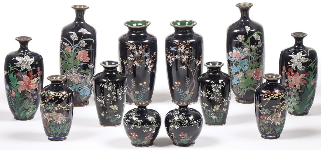 6 JAPANESE MATCHING PAIRS CLOISONNE VASES, MEIJI: 6 JAPANESE MATCHING PAIRS CLOISONNE VASES, MEIJI. Comprising six matching pairs of Japanese Meiji period cloisonne vases, each with finely rendered floral decoration on a dark blue ground as shown; th