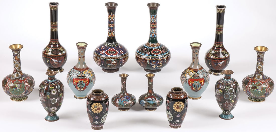 14 JAPANESE CLOISONNE VASES, MEIJI AND LATER: 14 JAPANESE CLOISONNE VASES, MEIJI AND LATER. Comprising seven matching pairs of very fine Japanese cloisonne enamel vases of various shapes and sizes as shown, Meiji period and later. Greatest height