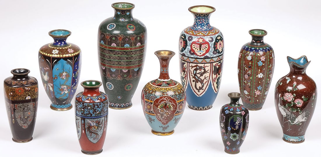 9 JAPANESE CLOISONNE VASES, MEIJI: 9 JAPANESE CLOISONNE VASES, MEIJI. Comprising a good and diverse group of different shapes and sizes, as shown, and with various decorations and motifs. Greatest height 9.75 inches (24.8cm). SHIPPING 