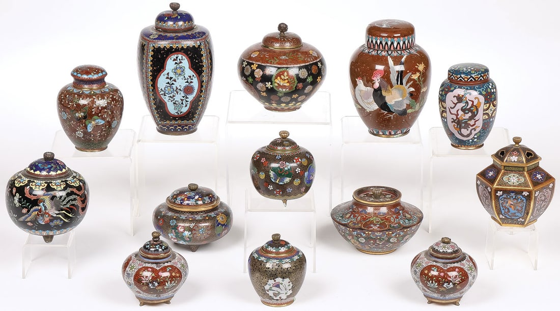 13 JAPANESE CLOISSONE COVERED VESSELS, MEIJI: 13 JAPANESE CLOISSONE COVERED VESSELS, MEIJI. Comprising 13 individual Japanese cloisonne enamel-covered vessels, including ginger jars and koros as shown. Each with finely decorated floral decoration