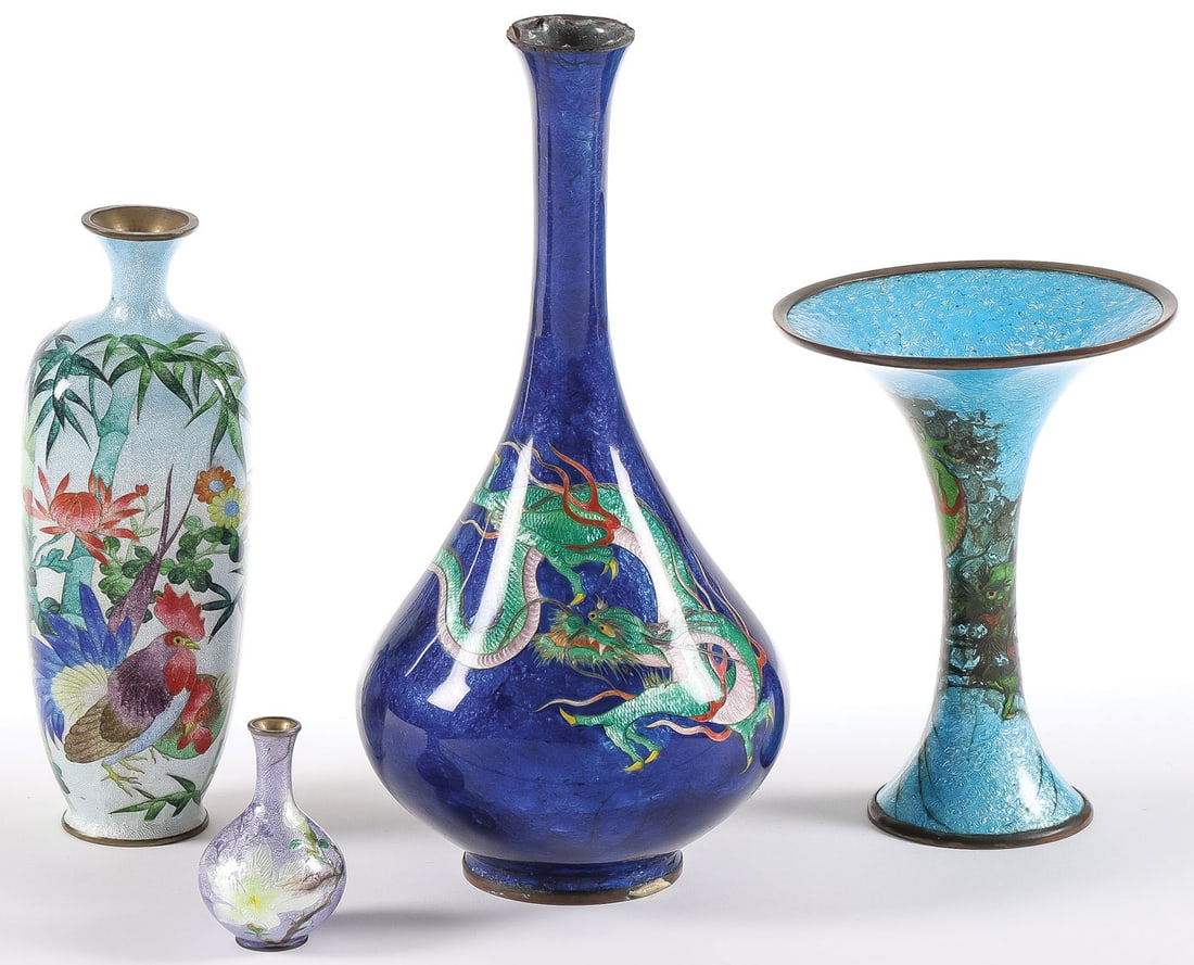 4 SIGNED JAPANESE GINBARI ENAMEL VASES: 4 SIGNED JAPANESE GINBARI ENAMEL VASES. Comprising four individual Japanese Ginbari-jippo signed vases including a bottle-form vase with dragon on blue translucent enamel ground, underside signed Ito 