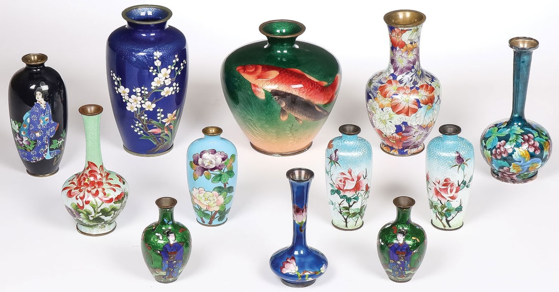 12 JAPANESE ENAMEL VASES: 12 JAPANESE ENAMEL VASES. Comprising a group of mostly Ginbari enamel vases, including a variety of shapes, sizes, and motifs, including a large likely Ogasawara Shuzo (although unmarked) tsuki-jippo 