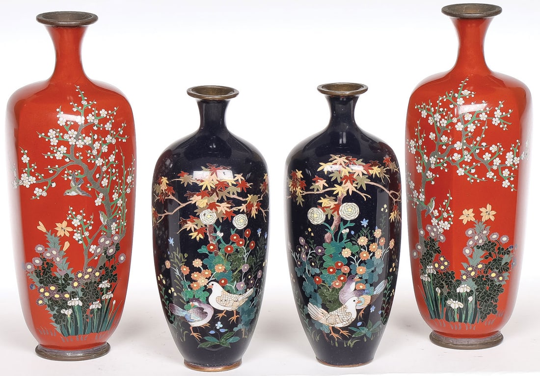 PAIR OF JAPANESE MEIJI CLOISONNE VASES: PAIR OF JAPANESE MEIJI CLOISONNE VASES. Comprising a pair of very fine Japanese Meiji cloisonne enamel vases including a cased set depicting birds amongst flowers and trees on a dark blue ground. Toge