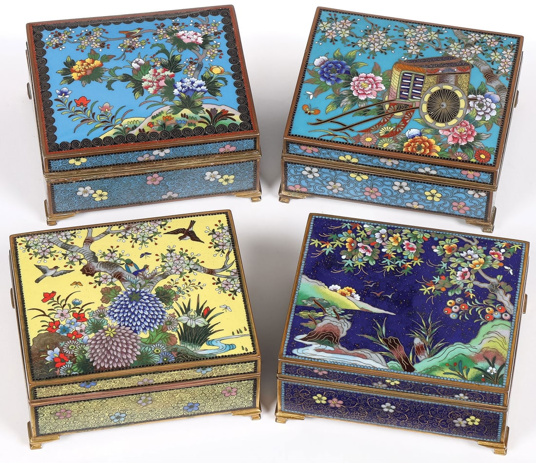 4 JAPANESE CLOISONNE BOXES, MEIJI: 4 JAPANESE CLOISONNE BOXES, MEIJI. Comprising four finely cloisonne enameled Japanese boxes, Meiji. Each resting on gilt bracket feet, the hinged lids decorated with flowers and blossoming trees, song