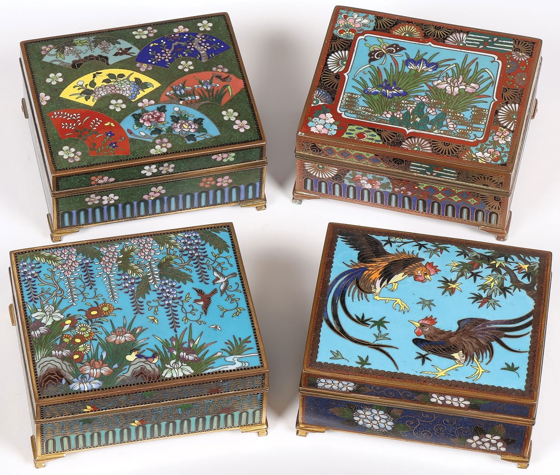 4 JAPANESE CLOISONNE BOXES, MEIJI: 4 JAPANESE CLOISONNE BOXES, MEIJI. Comprising four finely enameled boxes, Meiji. Each resting on gilt bracket feet and each with hinged cover, one decorated with irises and a butterfly, another with f
