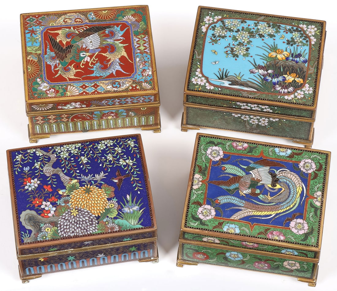 4 JAPANESE CLOISONNE BOXES, MEIJI: 4 JAPANESE CLOISONNE BOXES, MEIJI. Comprising four finely cloisonne enameled Japanese boxes, Meiji. Each resting on gilt bracket feet, the hinged lid of one decorated with blossoming trees, flowers an
