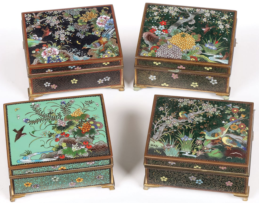 4 JAPANESE CLOISONNE BOXES, MEIJI: 4 JAPANESE CLOISONNE BOXES, MEIJI. Comprising four finely cloisonne enameled Japanese boxes, Meiji. Each resting on gilt bracket feet, the hinged lid of each decorated with various images including ex