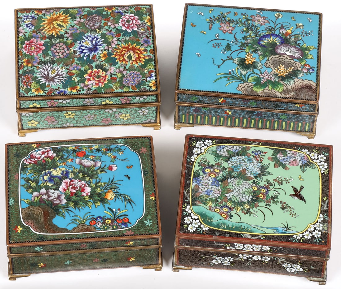 4 JAPANESE CLOISONNE BOXES, MEIJI: 4 JAPANESE CLOISONNE BOXES, MEIJI. Comprising four finely cloisonne enameled Japanese boxes, Meiji. Each resting on gilt bracket feet, the hinged lids decorated with flowers, butterflies, and songbird