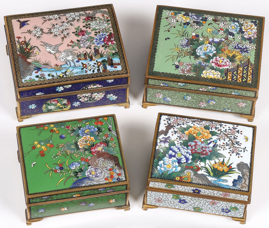 4 JAPANESE CLOISONNE BOXES, INABA, MEIJI: 4 JAPANESE CLOISONNE BOXES, INABA, MEIJI. Comprising four finely enameled boxes, Meiji. Each resting on gilt bracket feet, the hinged lid of each with blossoming flowers and trees, butterflies and bir