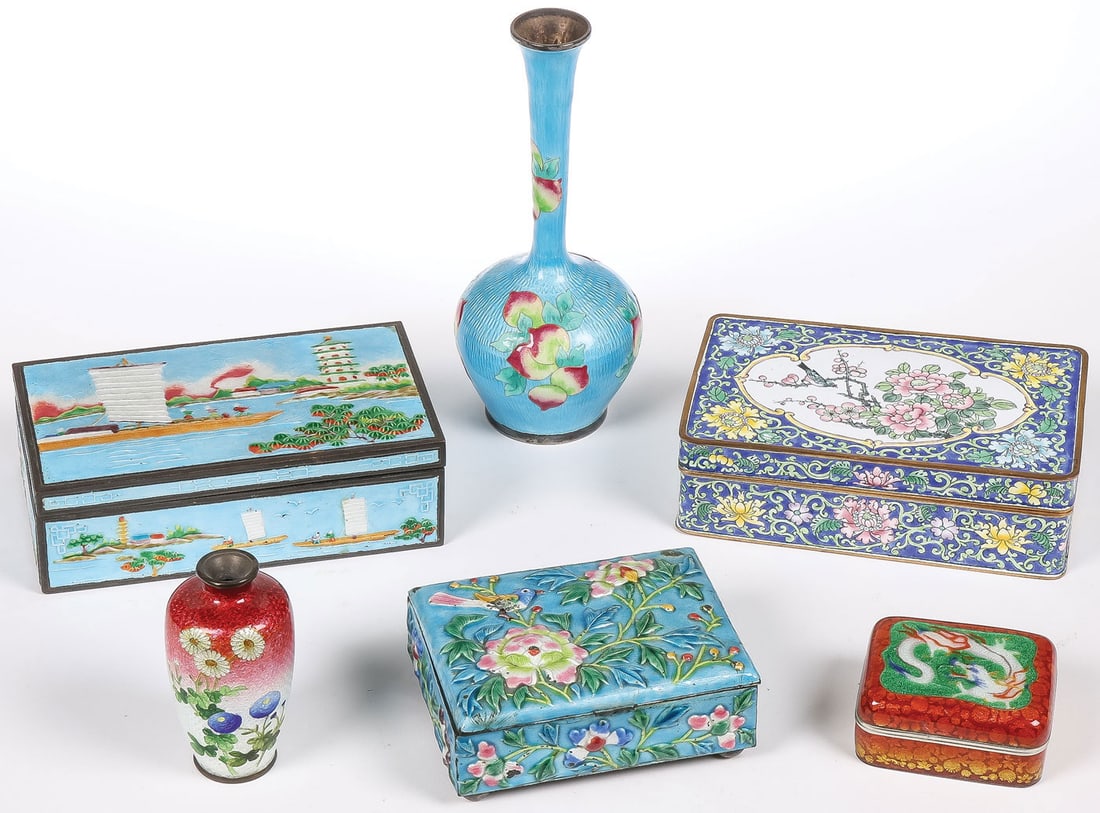 ASAIN CLOISONNE ENAMEL GROUP: ASAIN CLOISONNE ENAMEL GROUP. Comprising 6 individual Chinese, Japanese, and Korean enameled wares. Including a Korean marked 990% silver bottle-form vase in translucent blue enamel over a guilloche g
