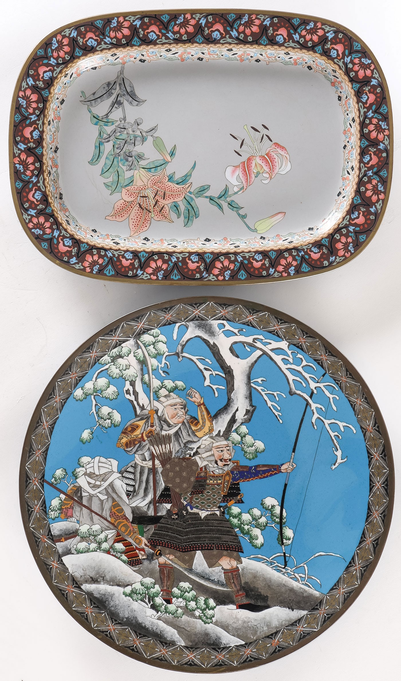 JAPANESE CLOISONNE, MEIJI: JAPANESE CLOISONNE, MEIJI. Comprising a large and impressive round cloisonne charger with two warriors and attendant in a snowy landscape, diameter 14.25 inches (36.2cm). Together with a very fine Jap