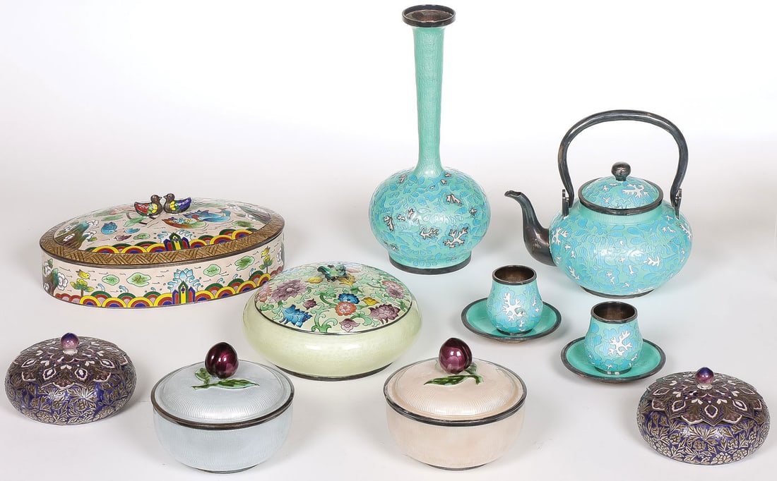 12 PIECES OF ASIAN SILVER AND ENAMEL: 12 PIECES OF ASIAN SILVER AND ENAMEL. Comprising a good group of varied silver and enamel wares, including a sterling Korean blue enamel teapot with matching cups, saucers, and vase. Each marked sterl