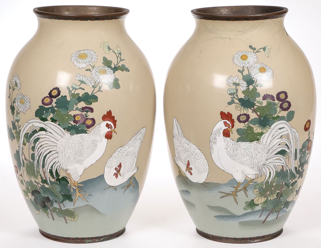 PR LARGE JAPANESE CLOISONNE VASES, MEIJI: PR LARGE JAPANESE CLOISONNE VASES, MEIJI. Comprising a pair of large and impressive Japanese cloisonne vases, Meiji. Each decorated with opposing roosters, flowers, and doves. Some losses to one. Heig