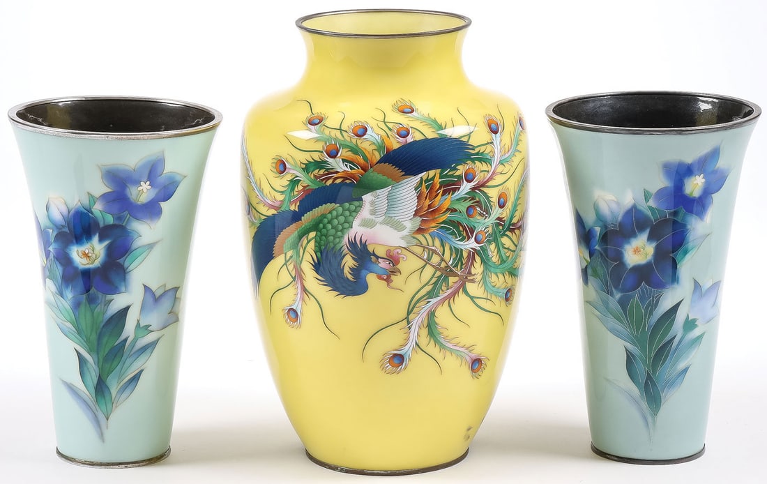 3 LARGE JAPANESE ENAMEL VASES: 3 LARGE JAPANESE ENAMEL VASES. Comprising a matching pair of floral-decorated flared vases in Yusen-jippo and musen enamel, the underside with the Ando factory mark, height 11.25 inches (28.6cm). Toge