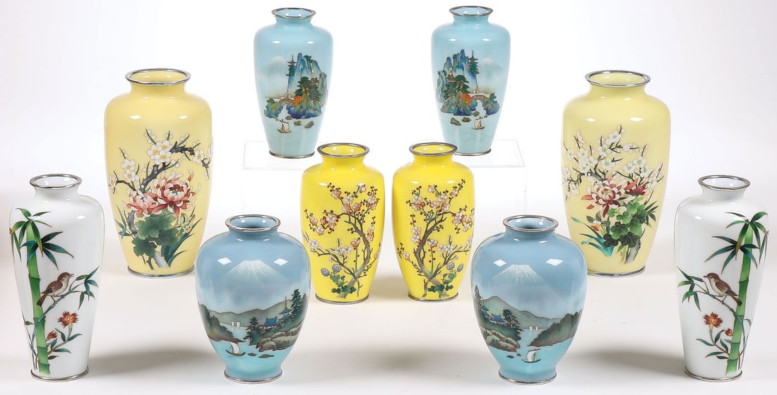 5 PR MATCHING JAPANESE VASES: 5 PR MATCHING JAPANESE VASES. Comprising 5 matching pairs of Japanese cloisonne vases, of various sizes, shapes, and decoration as shown. Greatest height 9.75 inches (24.8cm). SHIPPING NOTICE: If you