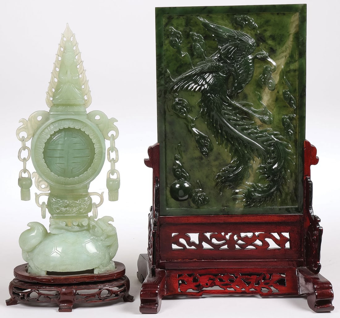 CHINESE CARVED JADE & HARDSTONE: CHINESE CARVED JADE & HARDSTONE. Comprising a spinach jade carved screen with carved bas-relief exotic bird set in a pierced carved wood stand, overall height 12.5 inches (32cm). Together with a carve