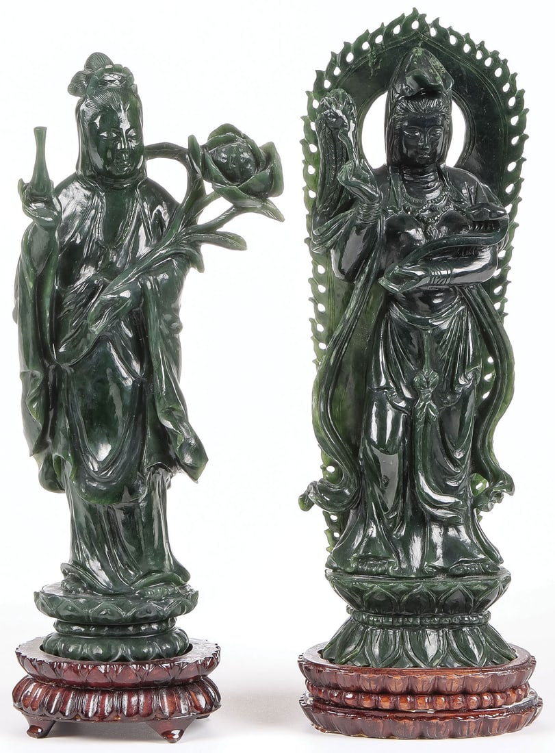 TWO CARVED JADE GUANYIN FIGURES (1 of 2)