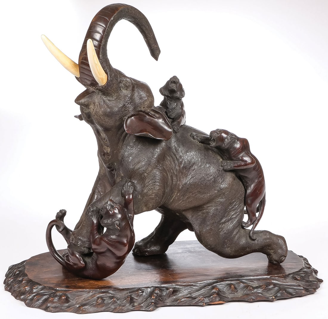 JAPANESE BRONZE ELEPHANT & TIGERS, MEIJI (1 of 4)