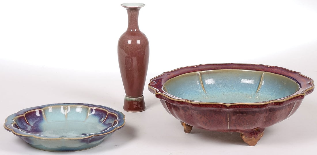 3 CHINESE PORCELAIN WARES: 3 CHINESE PORCELAIN WARES. Comprising a Jun ware sunflower brush washer in custom fitted wood box, diameter 7 inches (18cm), a larger lotus-form footed Jun ware bowl, diameter 10 inches (25cm), and a 