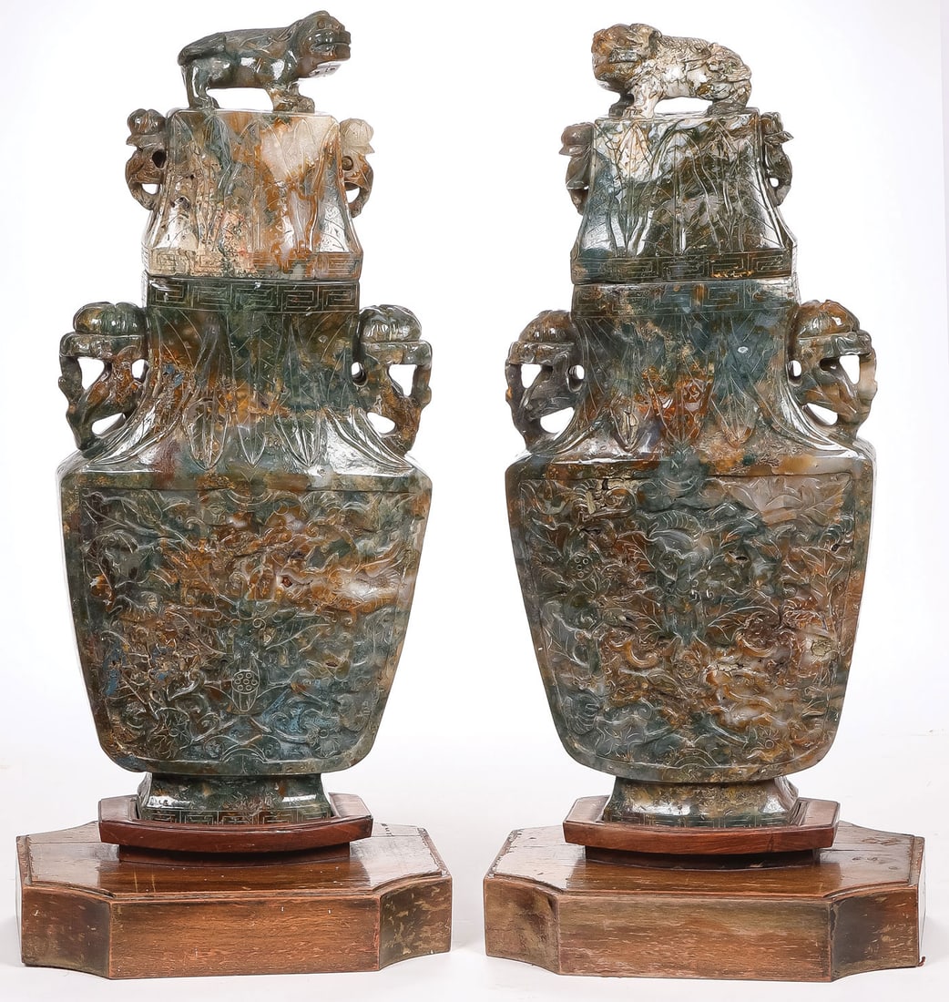 MASSIVE CARVED JADE LIDDED URNS (1 of 3)