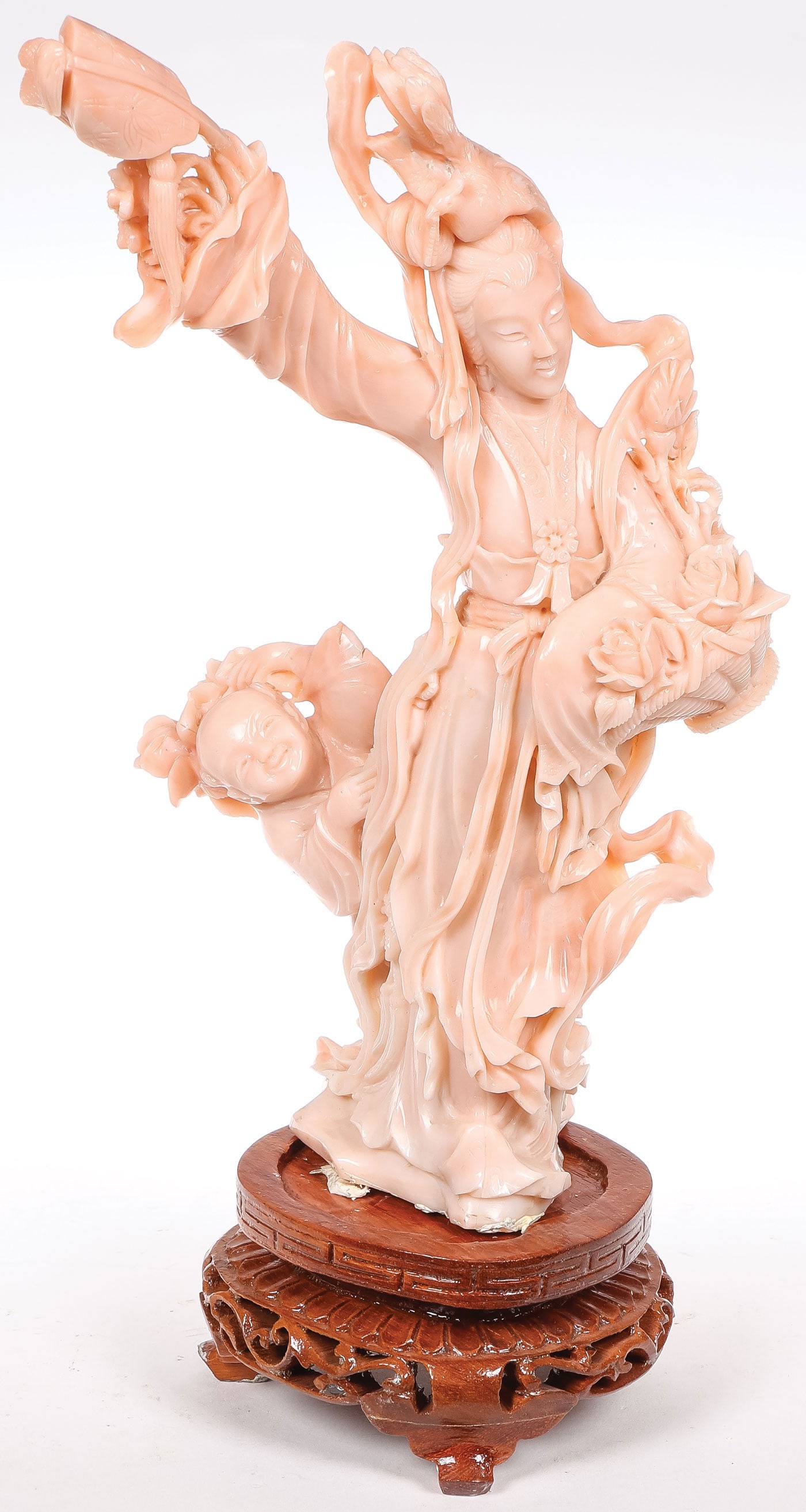 CHINESE CARVED CORAL GUANYIN & CHILD (1 of 2)