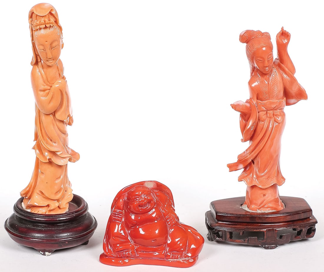THREE CHINESE CARVED CORAL FIGURES (1 of 3)